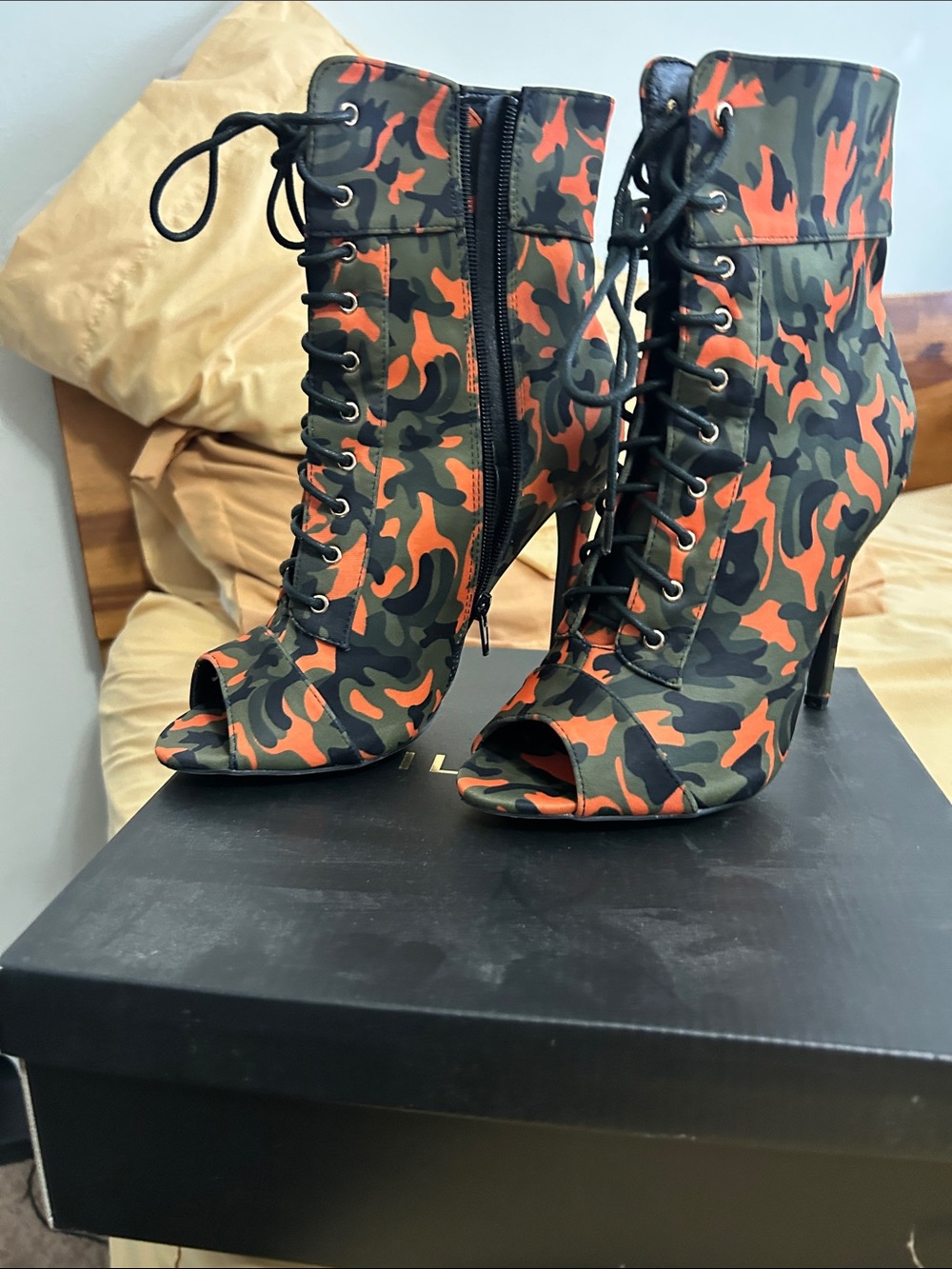 Lace-Up Peep-Toe Camo High Heel Ankle Boots - Orange/Green